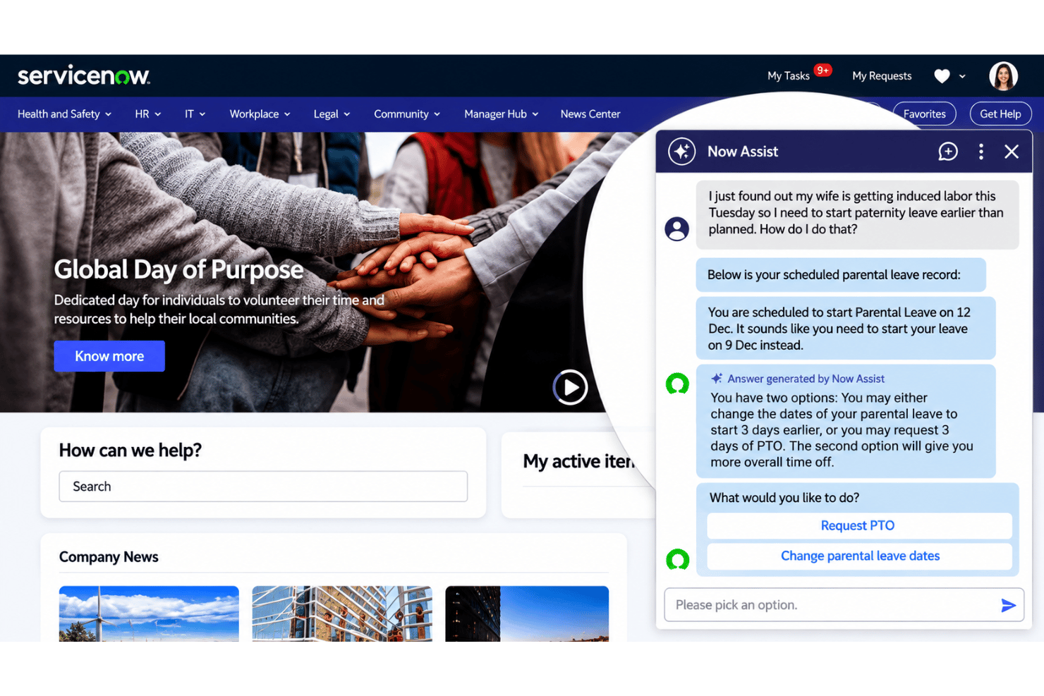 ServiceNow AI Front Door with AI-powered employee assistance, HR inquiries, and automated support.