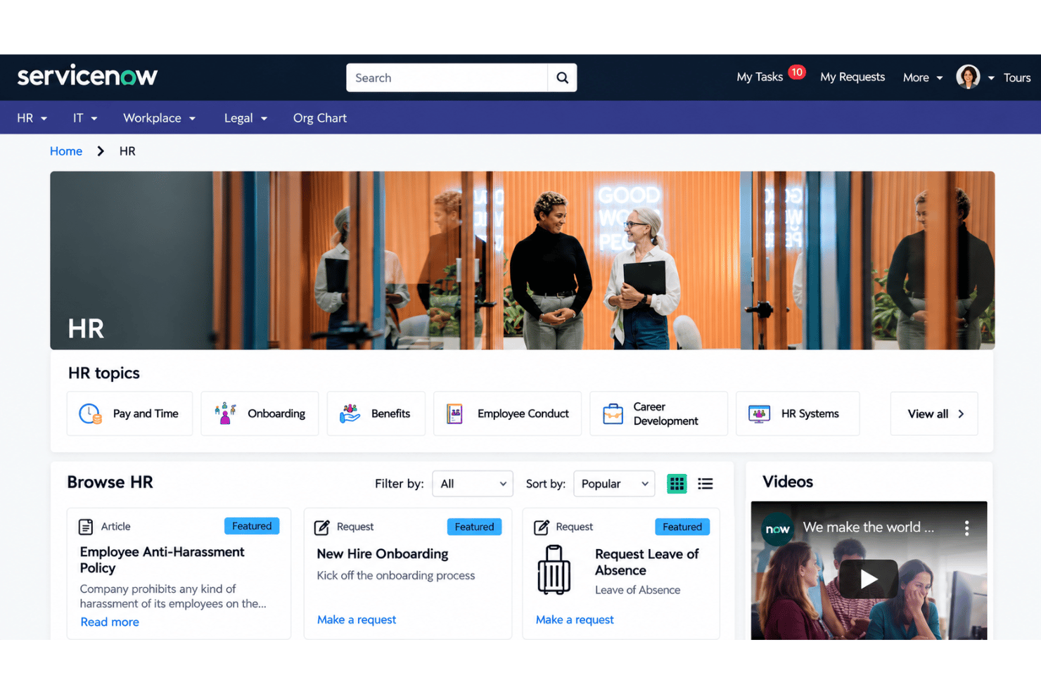 ServiceNow HR Service Delivery interface with Employee Center, HR requests, and status tracking.