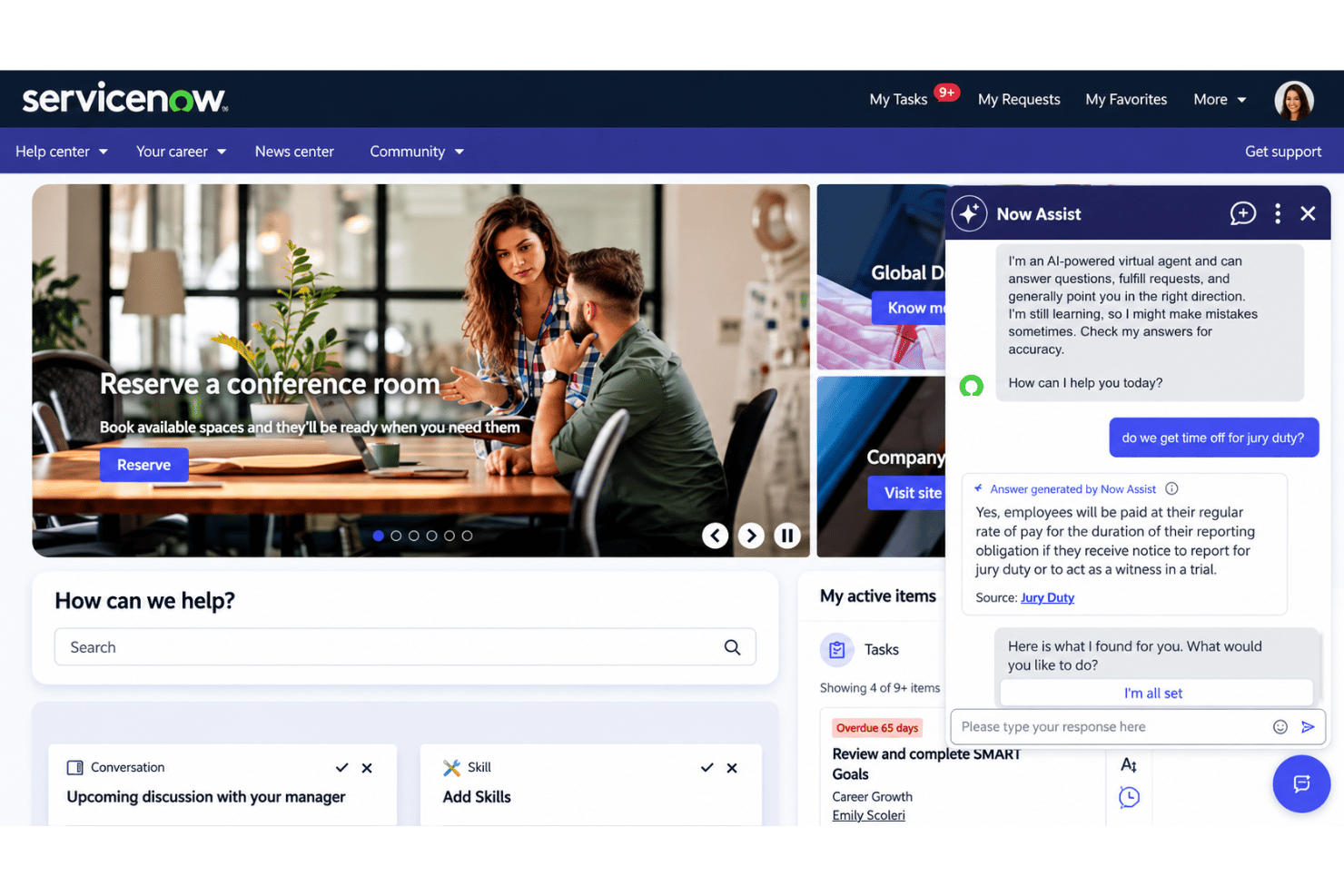ServiceNow Employee Center with HR service requests, live chat, and request tracking.