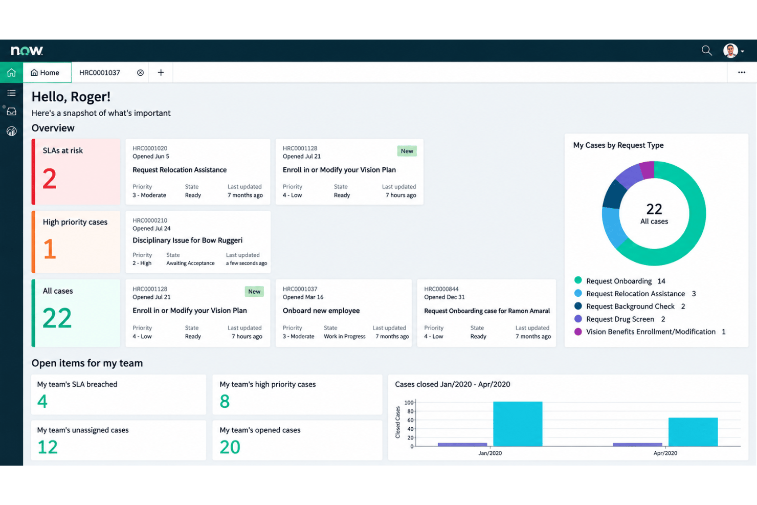ServiceNow HR Case Management with employee inquiries, case tracking, and resolution workflows.