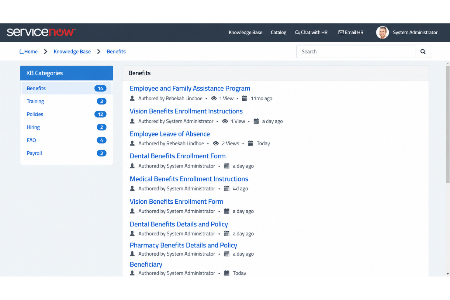 ServiceNow Knowledge Management with HR articles, employee guidance, and self-service resources.