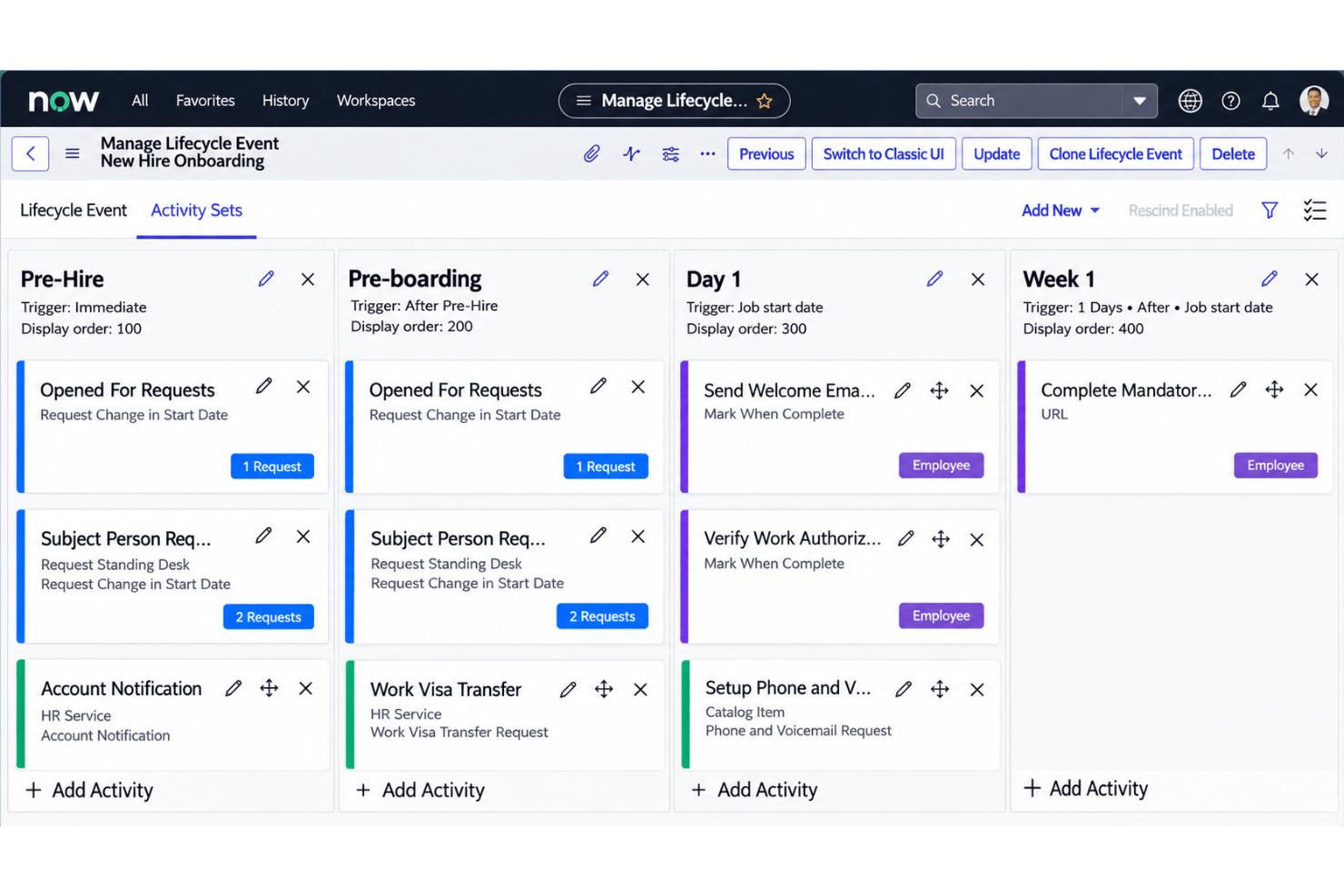 ServiceNow Lifecycle Events with employee onboarding, automated tasks, and HR workflows.