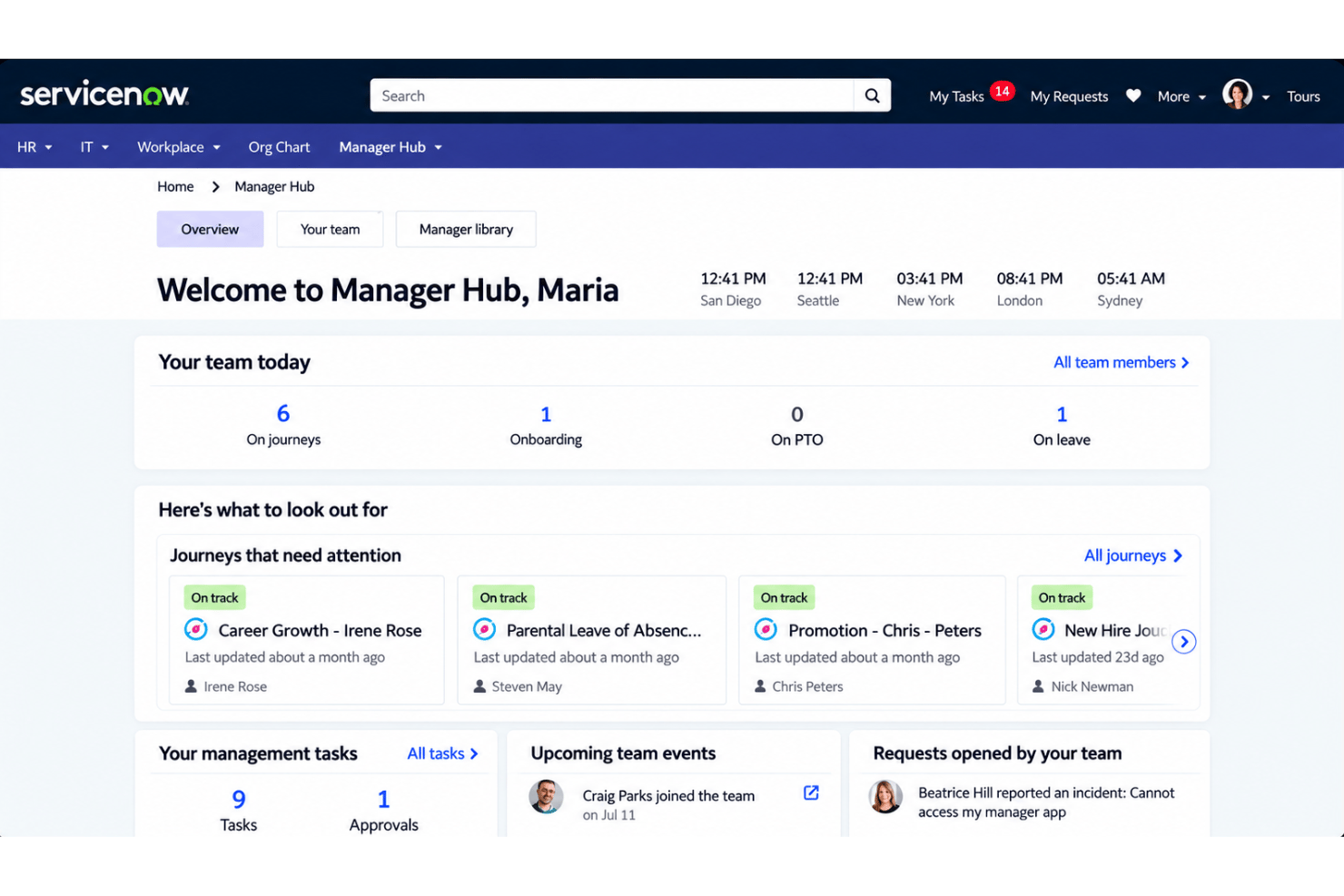 ServiceNow Manager Hub with team information, pending approvals, and employee development tools.