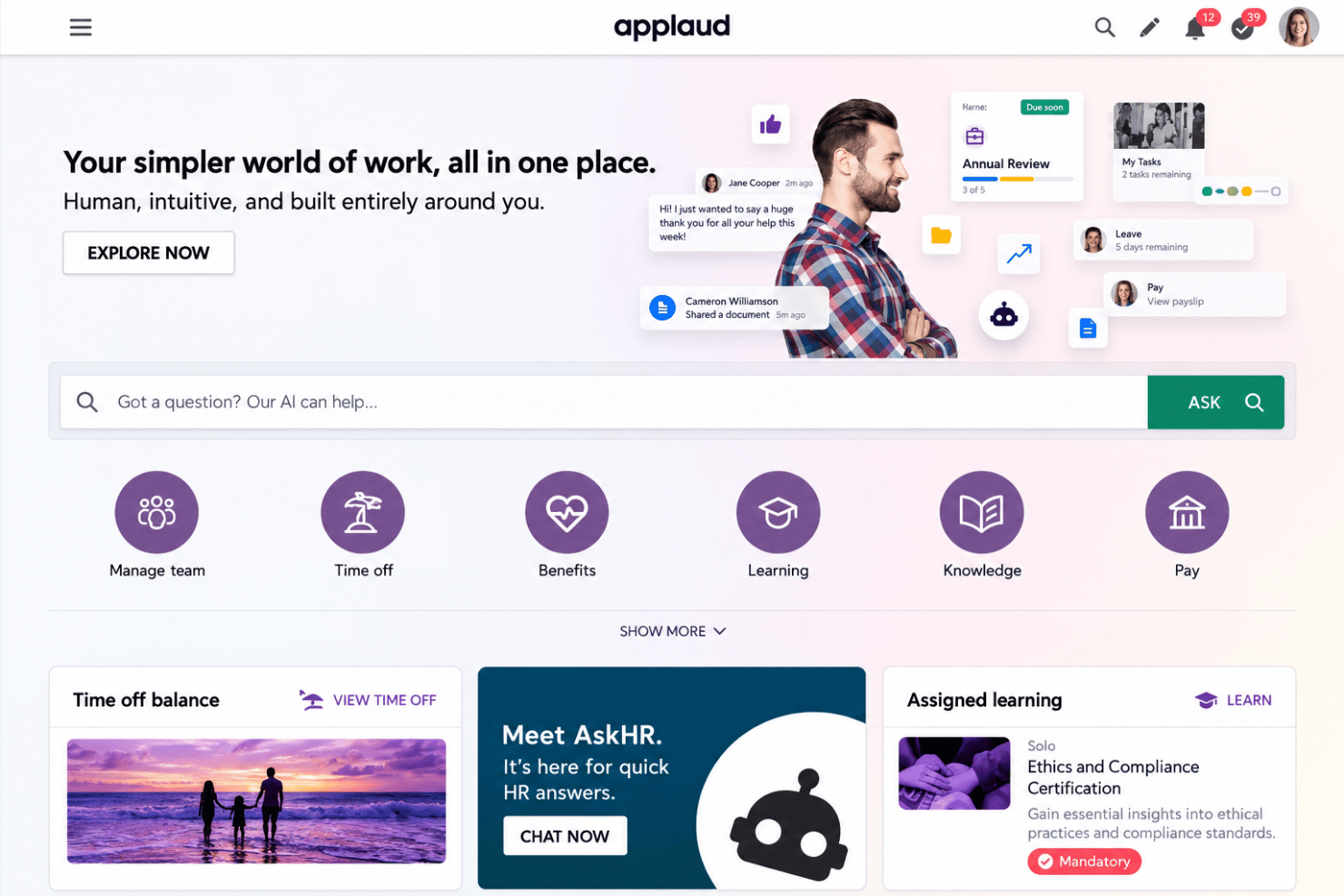 Applaud HR interface with employee self-service, help center, and workflow management.