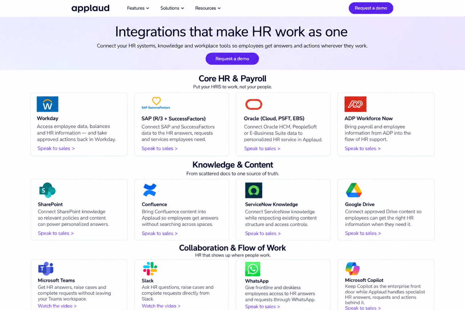 Applaud integrations with Workday, SAP SuccessFactors, Oracle Cloud HCM, Microsoft Teams, and Slack.