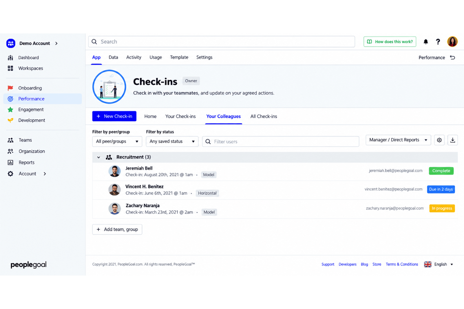 PeopleGoal continuous feedback with employee check-ins, performance discussions, and goal tracking.
