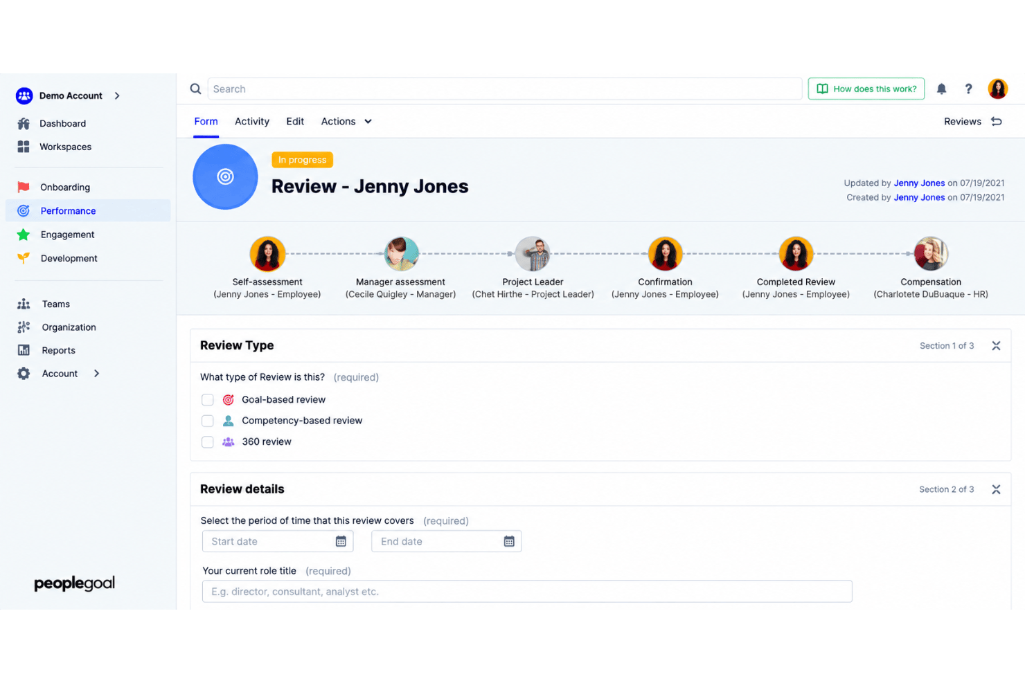 PeopleGoal customizable review cycles with employee evaluation forms, schedules, and reminders.