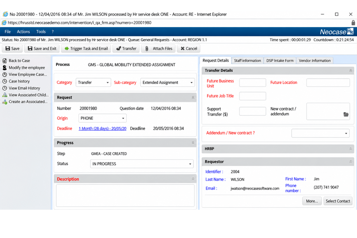 Neocase HR workflow automation interface with employee journeys, task routing, and HR service processes.