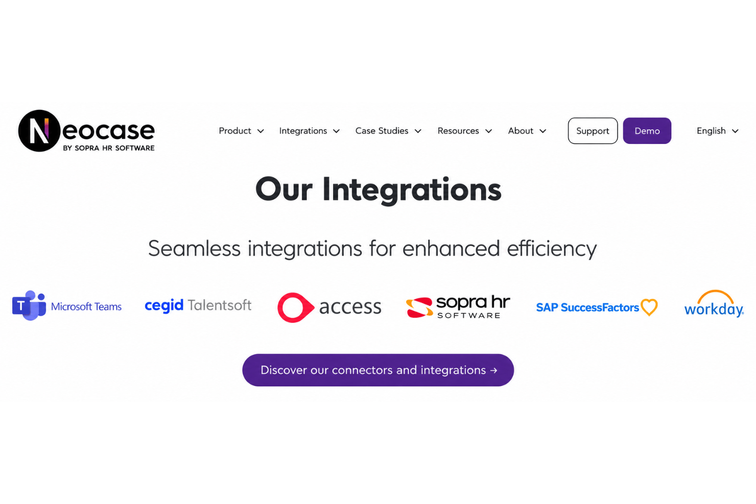 Neocase HR integrations with Workday, SAP SuccessFactors, DocuSign, Adobe Acrobat Sign, Microsoft Teams, and APIs.