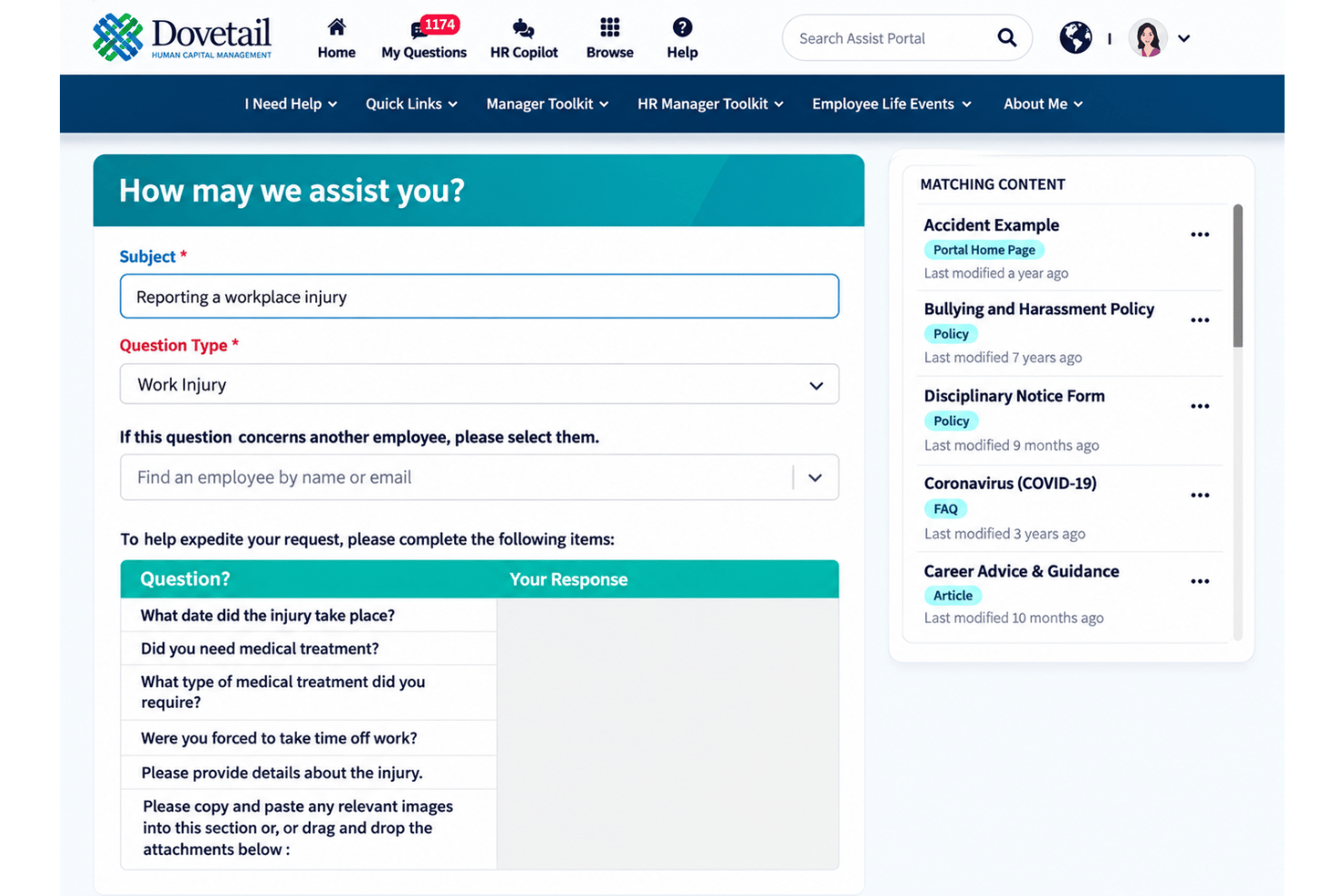 Dovetail Software HR dashboard with employee portal, knowledge management, case timelines, and reporting tools.