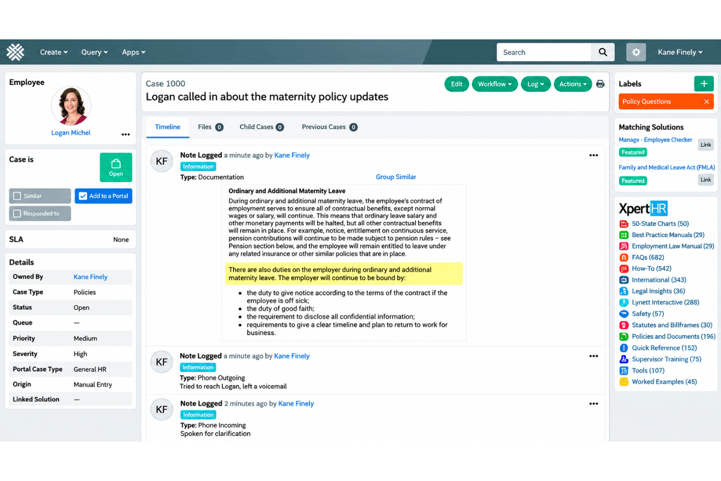 Dovetail Software HR case management dashboard with employee requests, case statuses, notes, and attachments.
