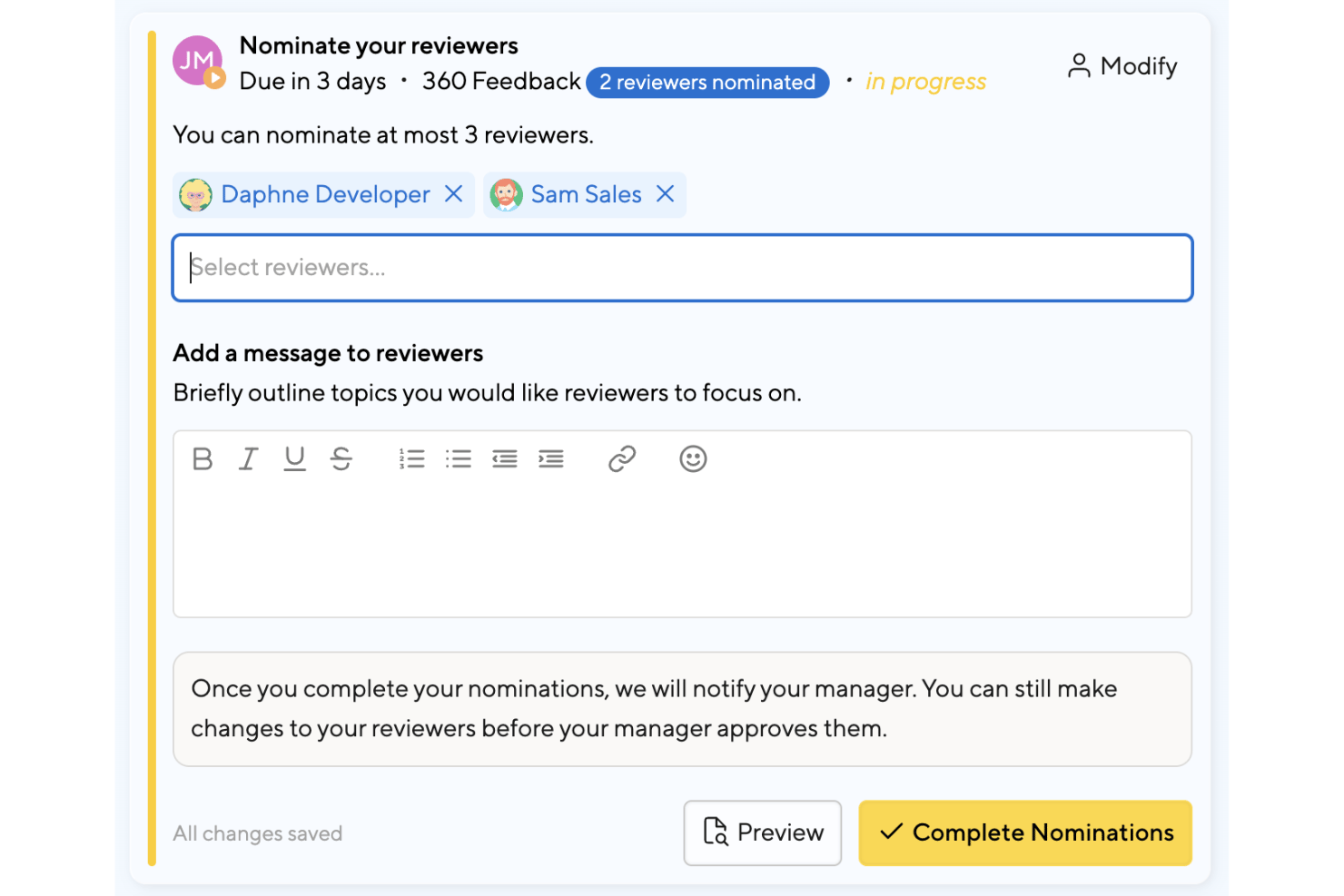 Small Improvements 360-degree feedback dashboard with reviewer responses, rating charts, and employee assessments.