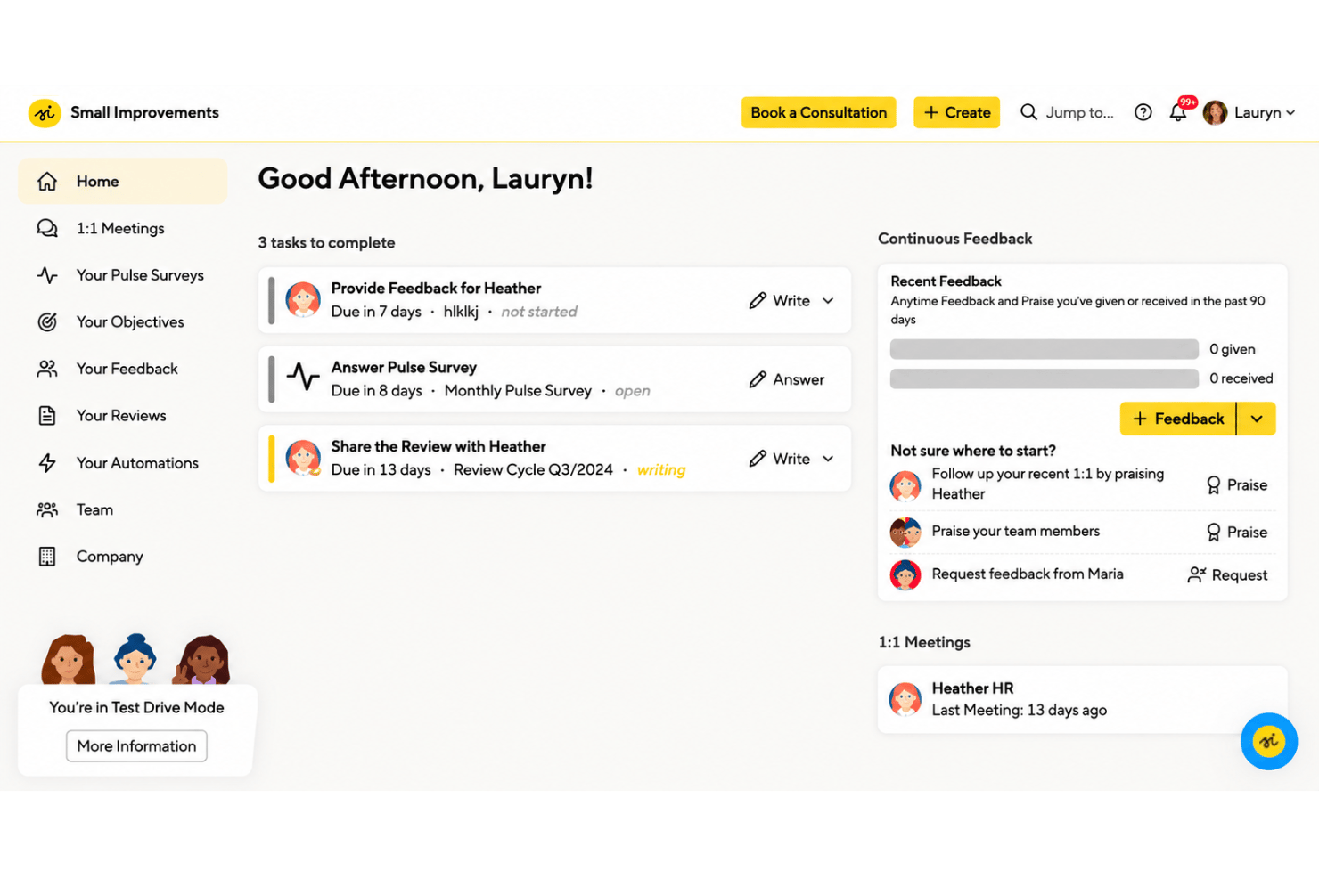 Small Improvements simplifies performance management with employee reviews, continuous feedback, goal tracking, and 1:1 meetings.