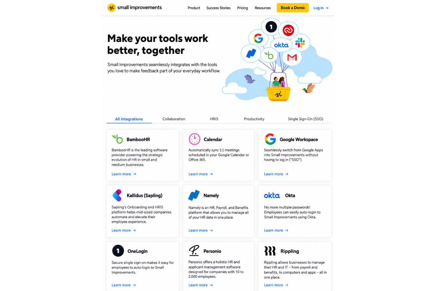 Small Improvements integrations with Slack, BambooHR, Google Workspace, Microsoft 365, Workday, Rippling, and Okta.
