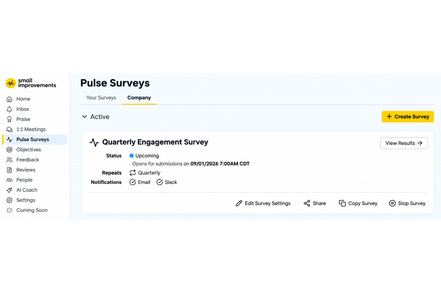 Small Improvements pulse survey dashboard with employee engagement results, feedback trends, and heatmaps.