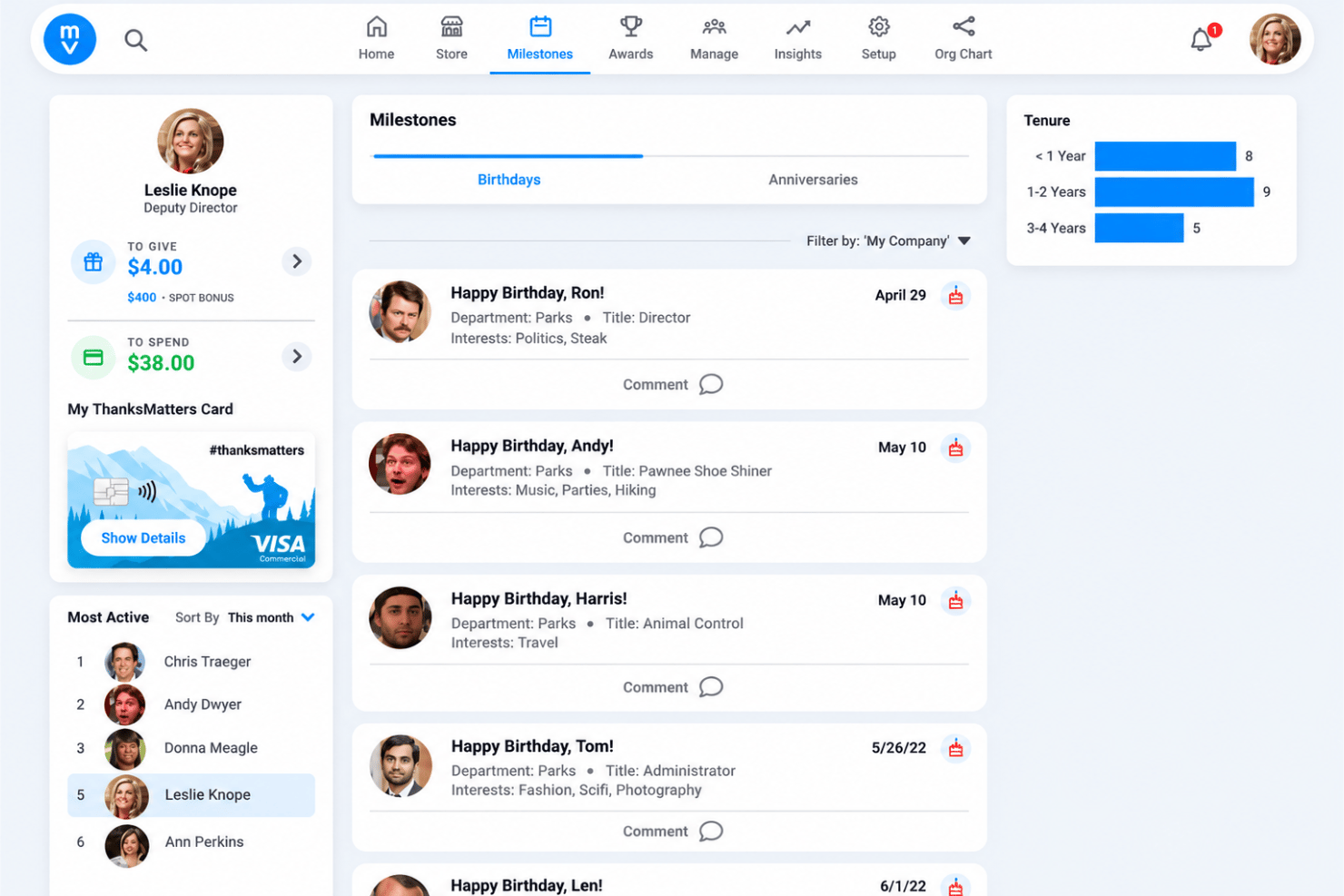 Motivosity automated milestone recognition with employee birthdays, anniversaries, and personalized rewards.