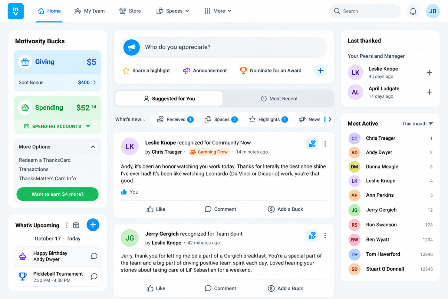 Motivosity employee recognition interface with peer shout-outs, rewards, milestone celebrations, and team updates.