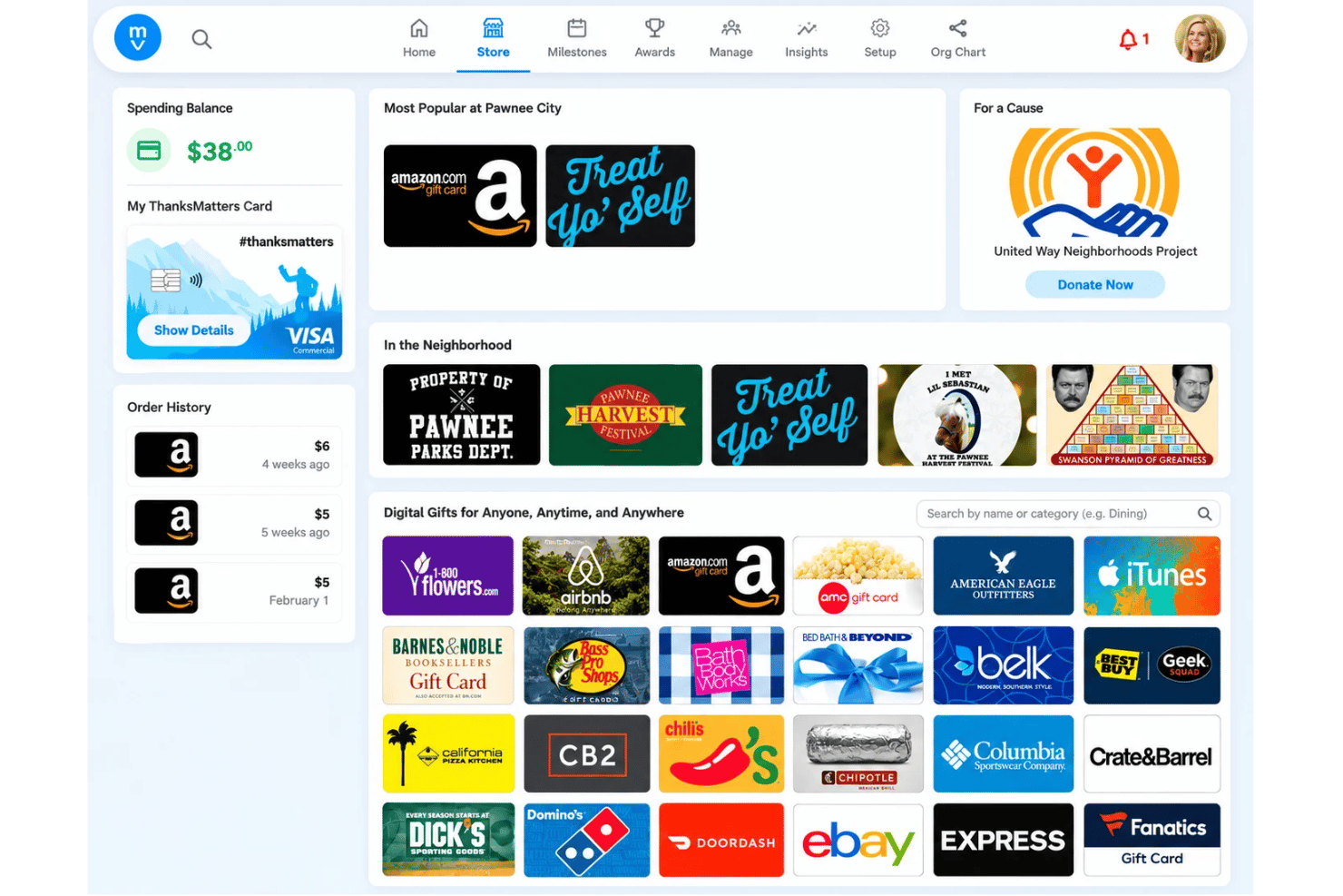 Motivosity rewards marketplace with employee points, gift cards, merchandise, and redemption options.