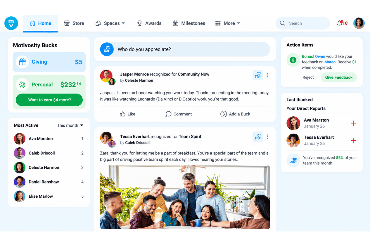 Motivosity recognition feed with employee shout-outs, team celebrations, and company announcements.