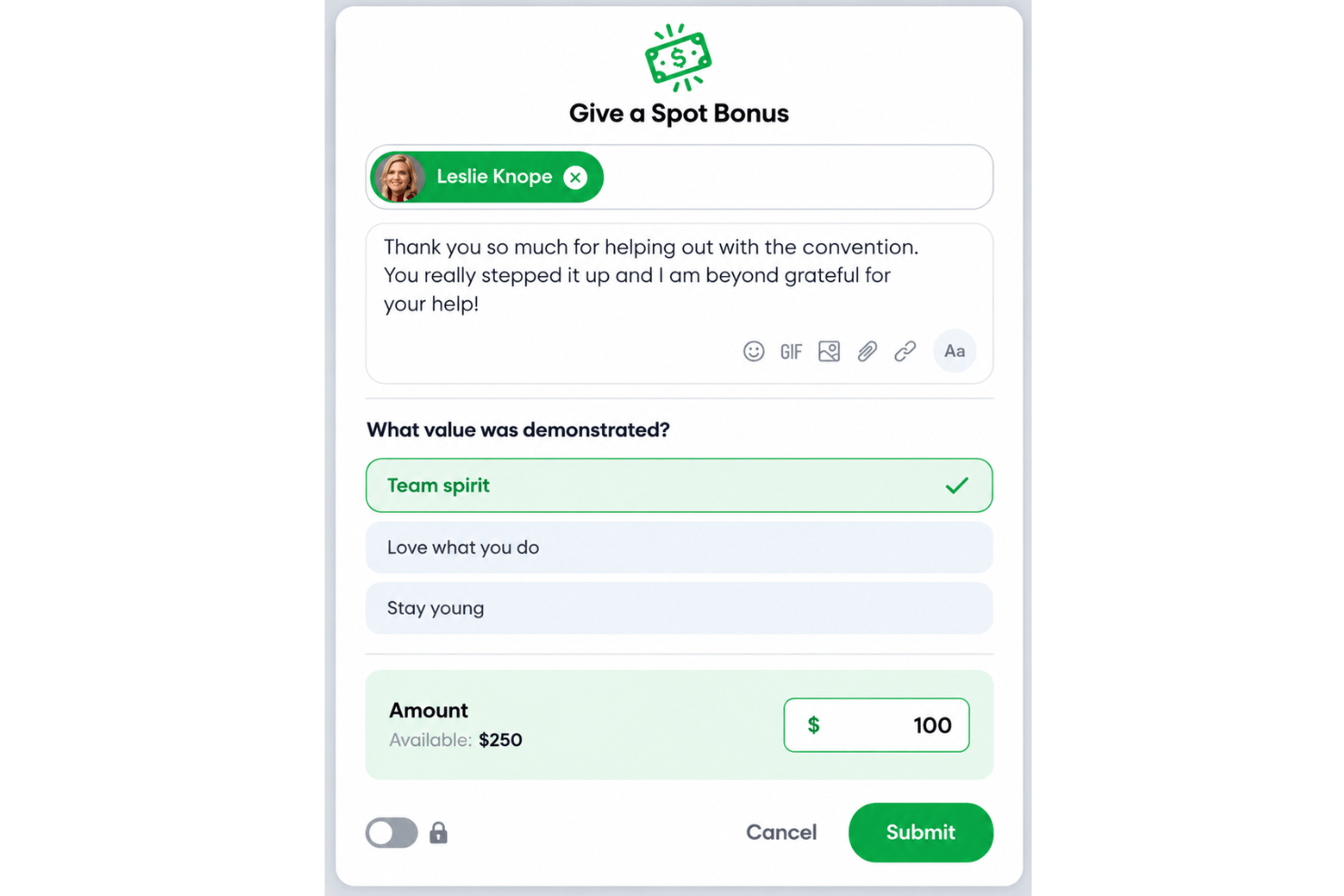 Motivosity spot bonuses with employee performance rewards, manager recognition, and bonus budgets.