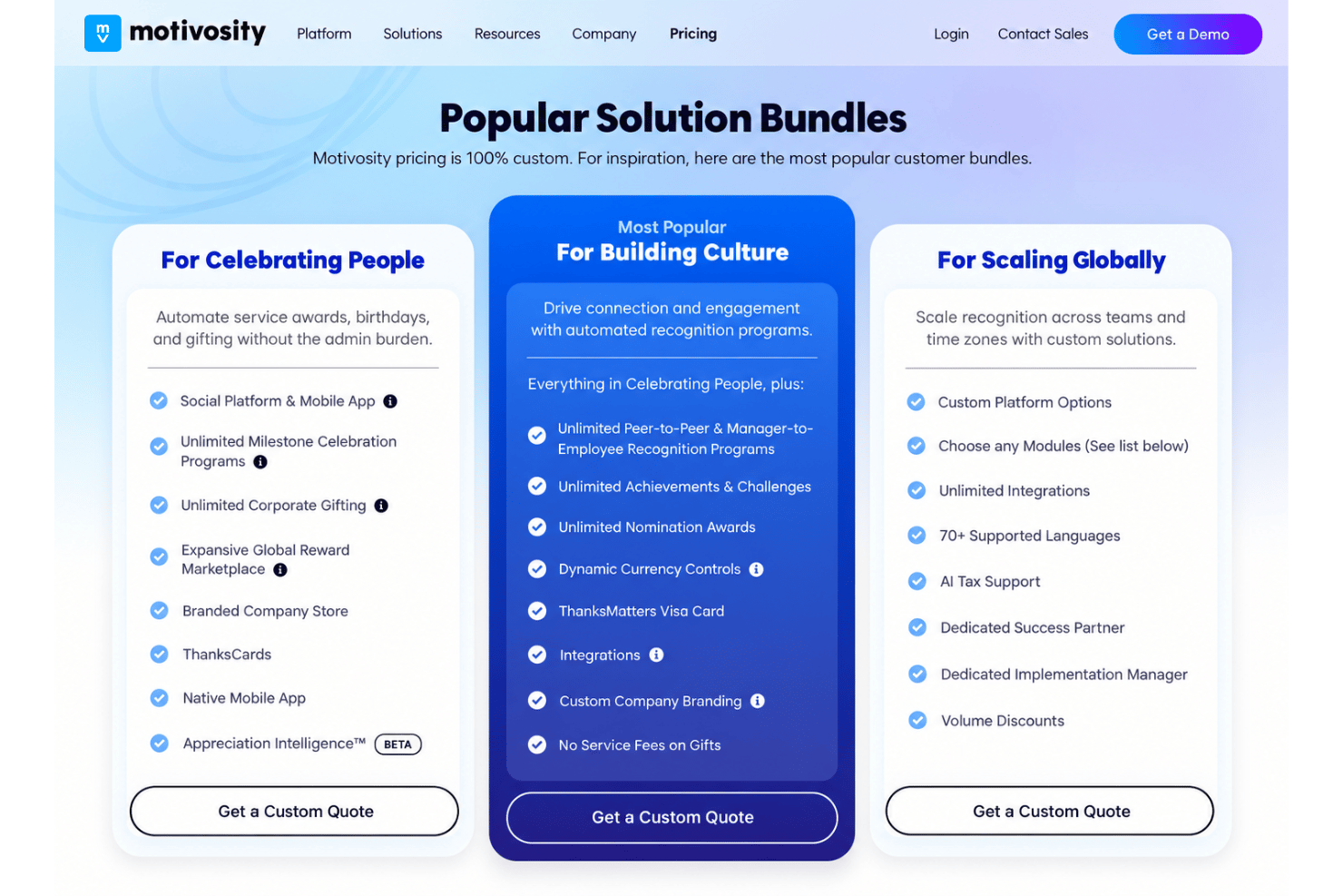 Motivosity pricing plans with Celebrating People, Building Culture, and Scaling Globally options.