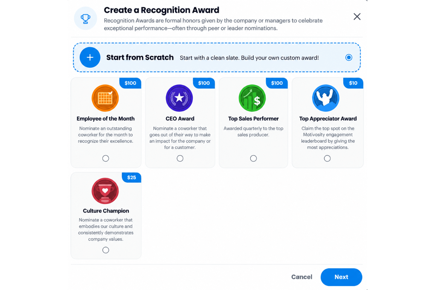 Motivosity values-based awards with employee nominations, recognition badges, and MVP awards.