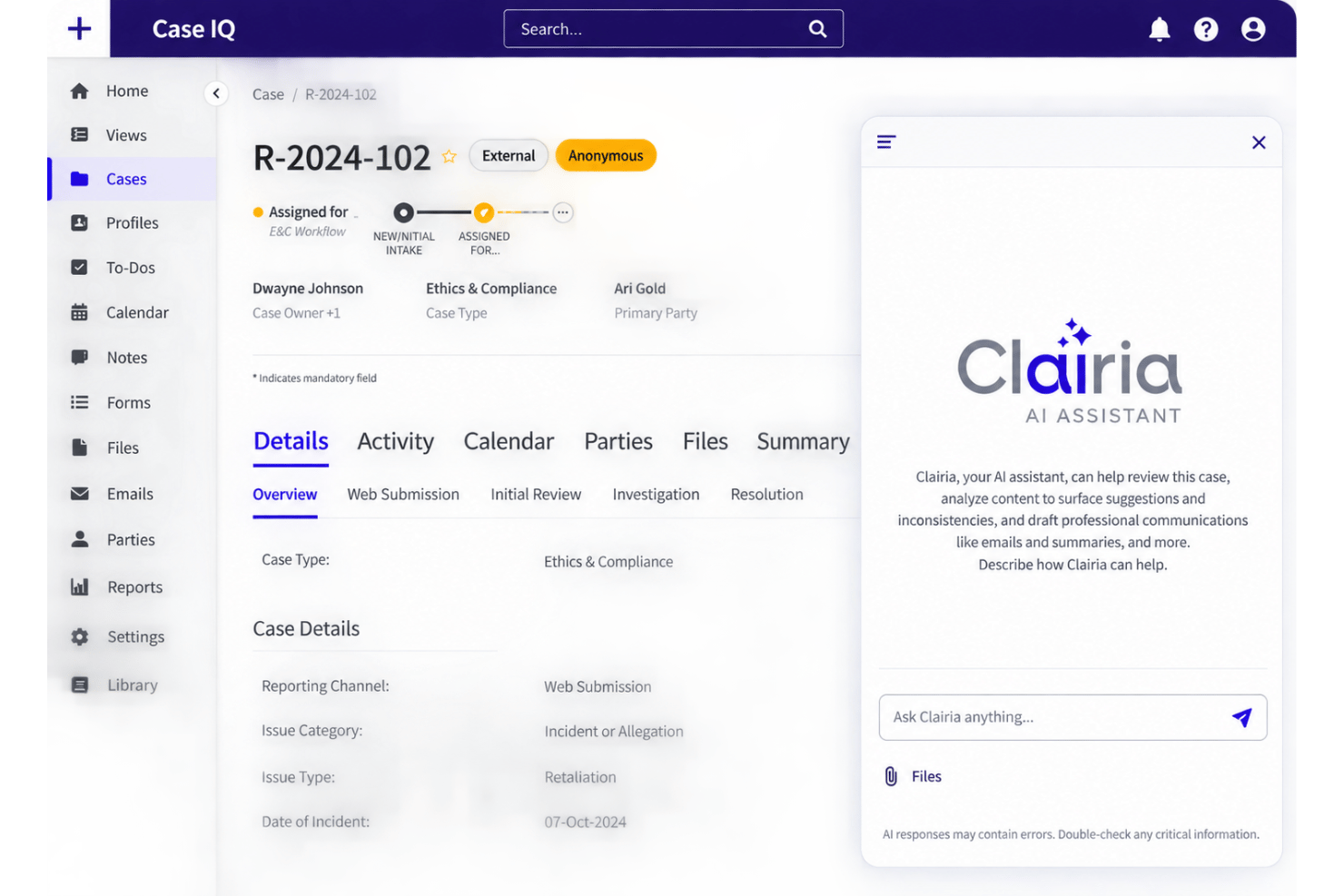 Case IQ AI investigation tools with evidence analysis, interview questions, and reports.