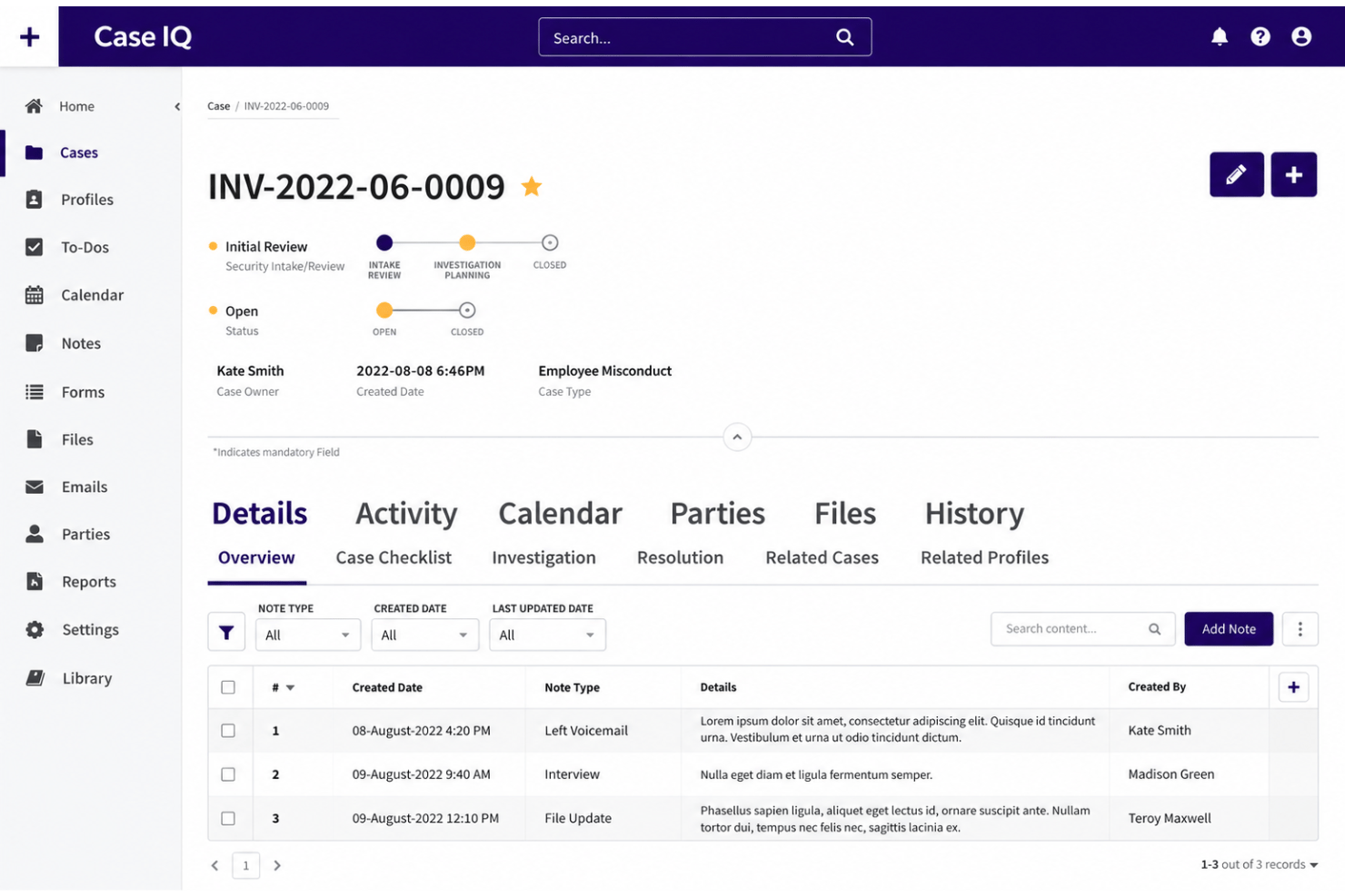 Case IQ interface with case workflows, anonymous reporting, and investigation tools.