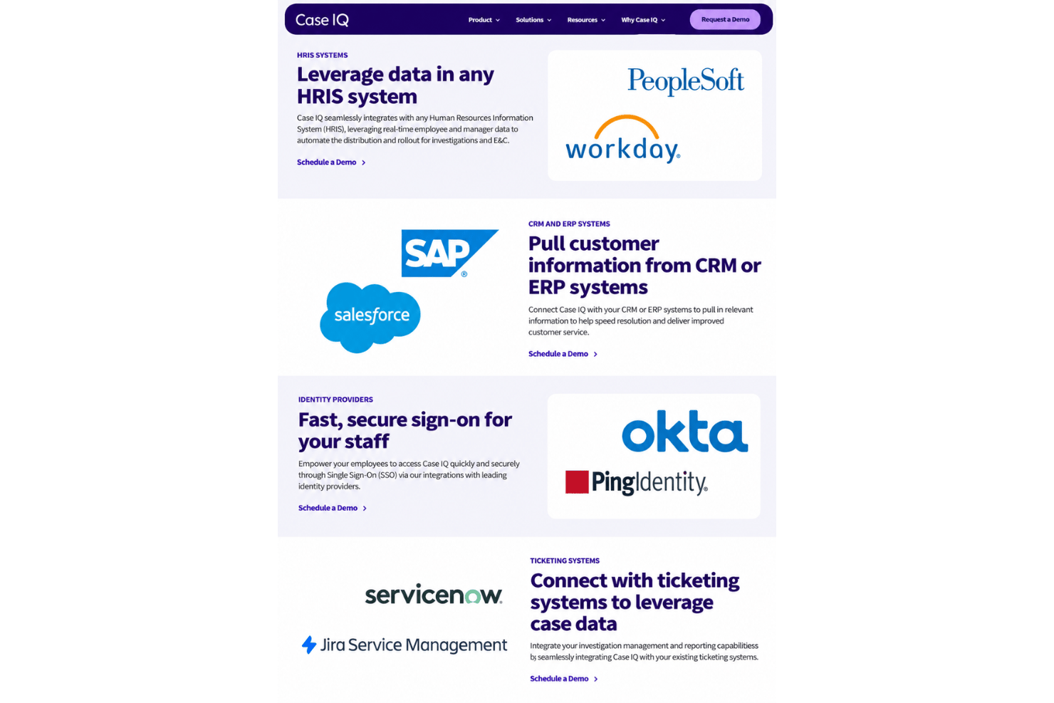 Case IQ integrations with Workday, BambooHR, Salesforce, Okta, and ServiceNow.
