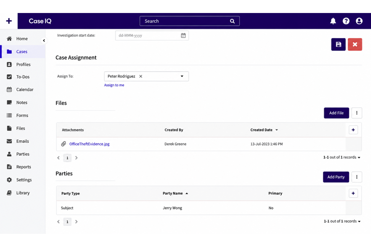 Case IQ investigation evidence management with documents, notes, and case files.
