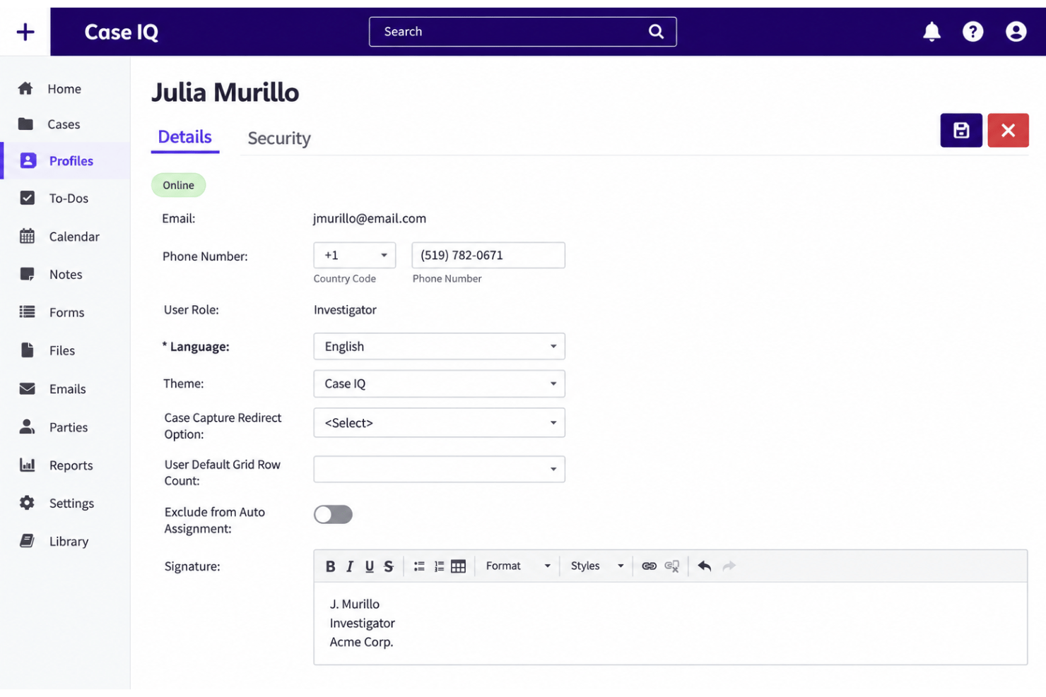 Case IQ role-based access with permissions, data masking, and audit logs.