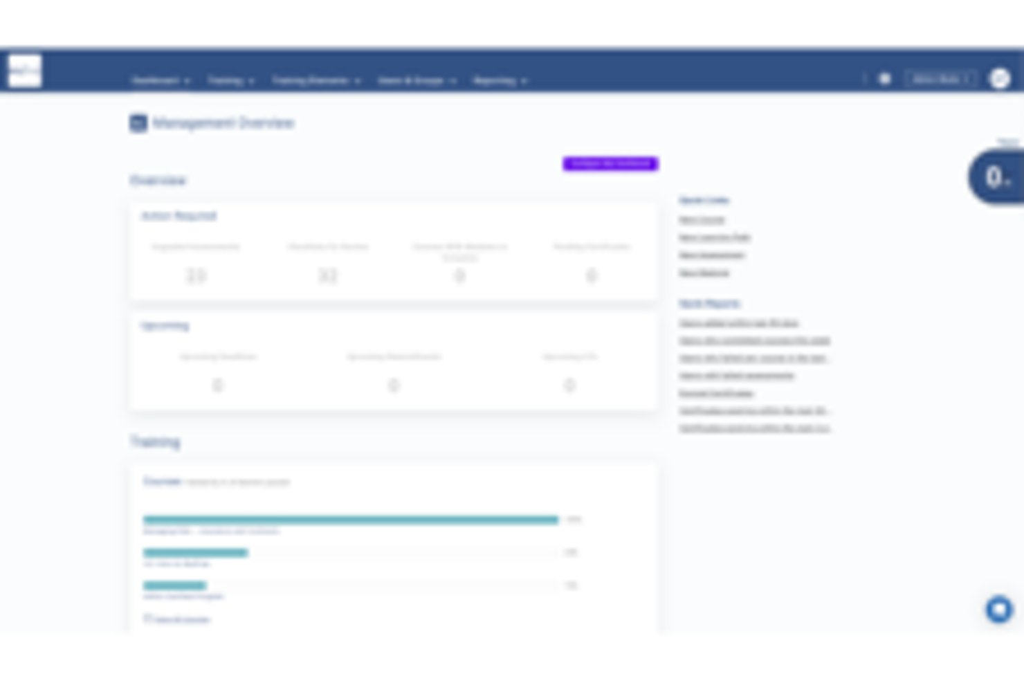 SkyPrep offers a Management Overview dashboard displaying action items, upcoming deadlines, and course completion rates with quick links and reports.