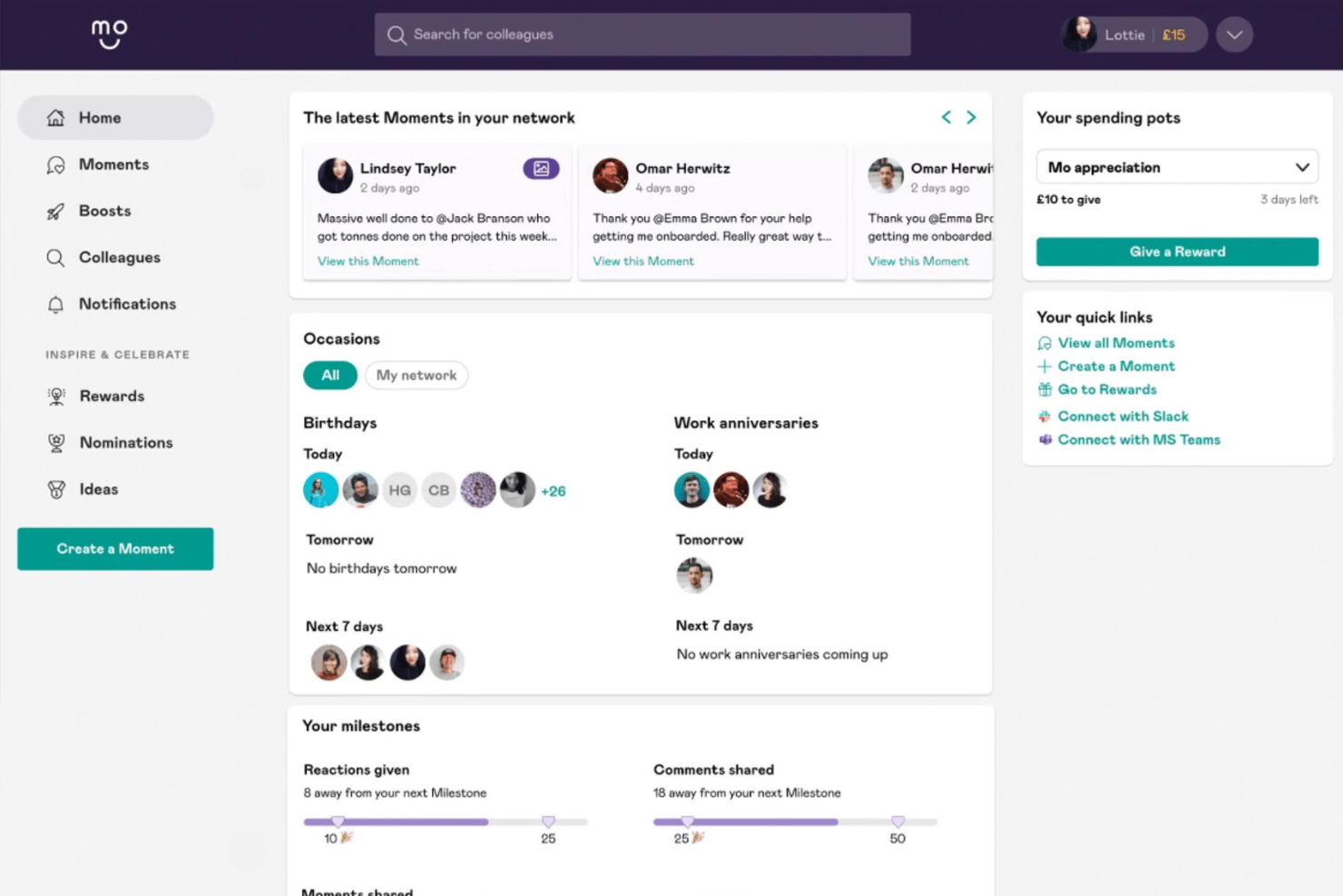 Mo centralizes peer recognition, rewards, and milestone tracking.
