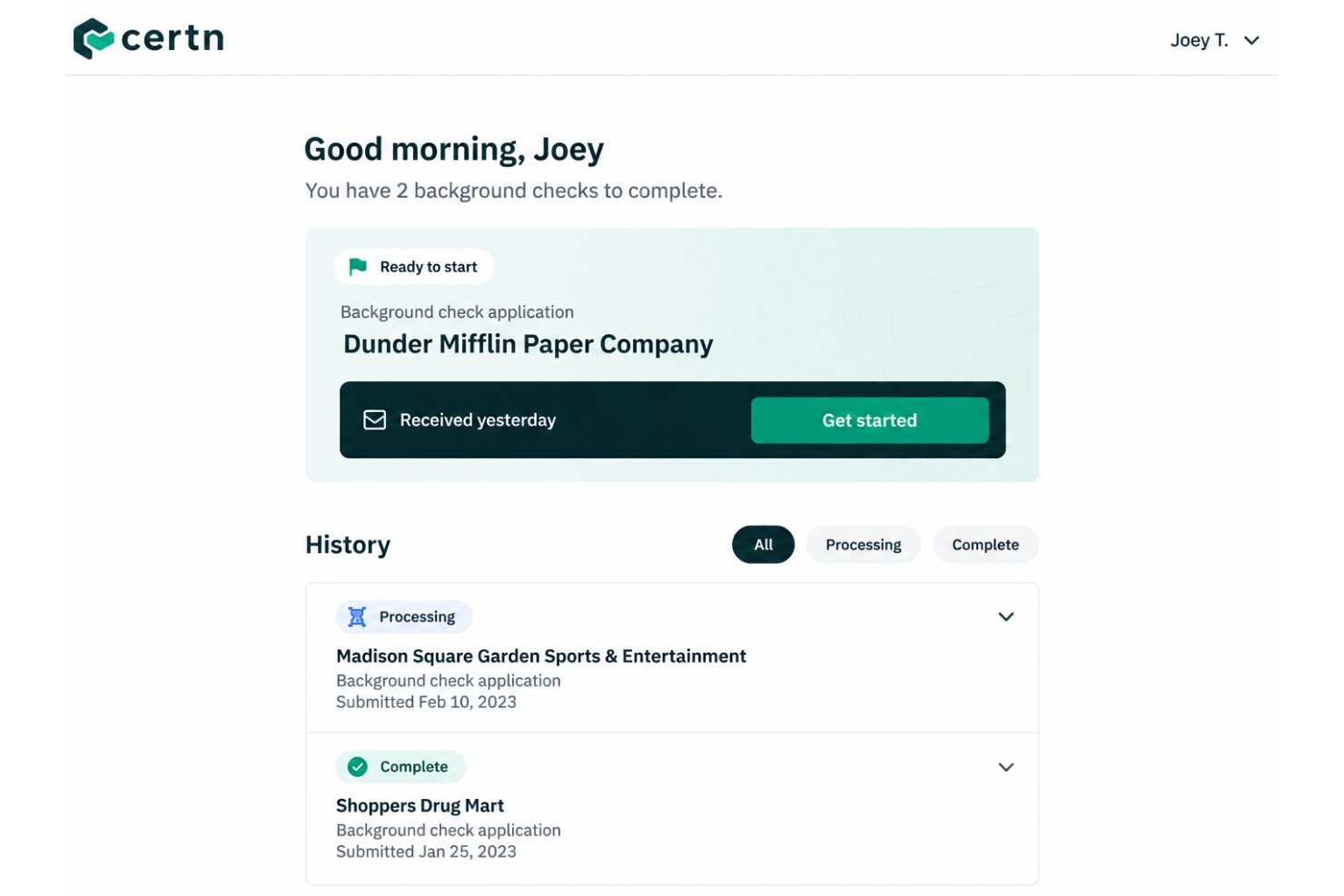 Certn interface with screening checks, progress tracking, and candidate portal.