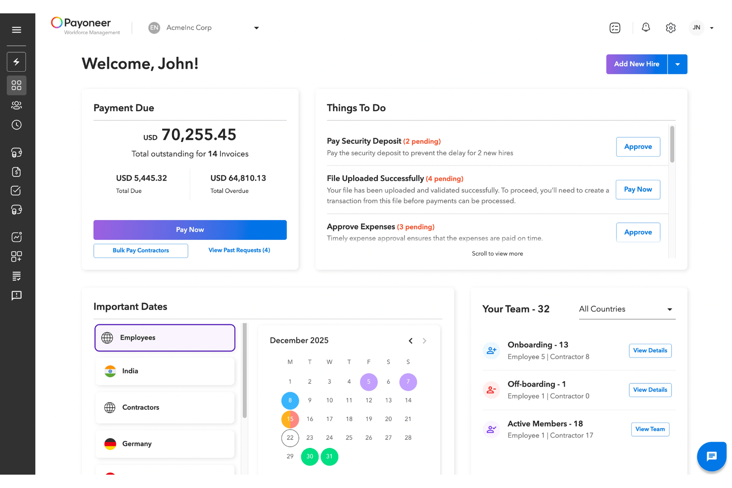 Payoneer Workforce Management centralizes payments, hiring tasks, and global team management in one dashboard.