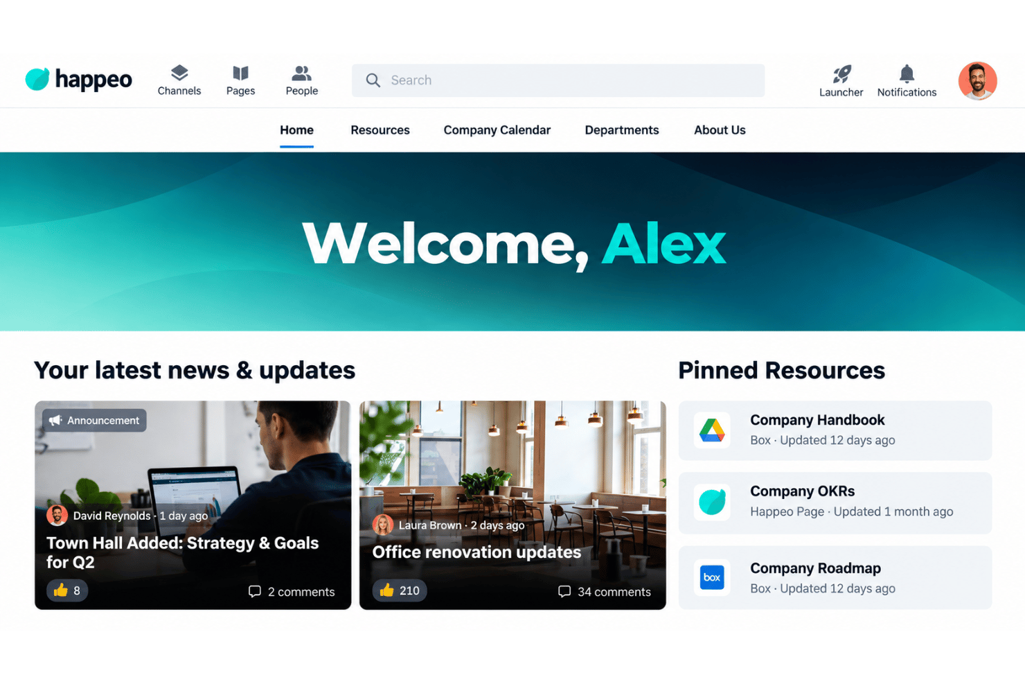 Happeo interface with pages, channels, profiles, search, and Drive content.