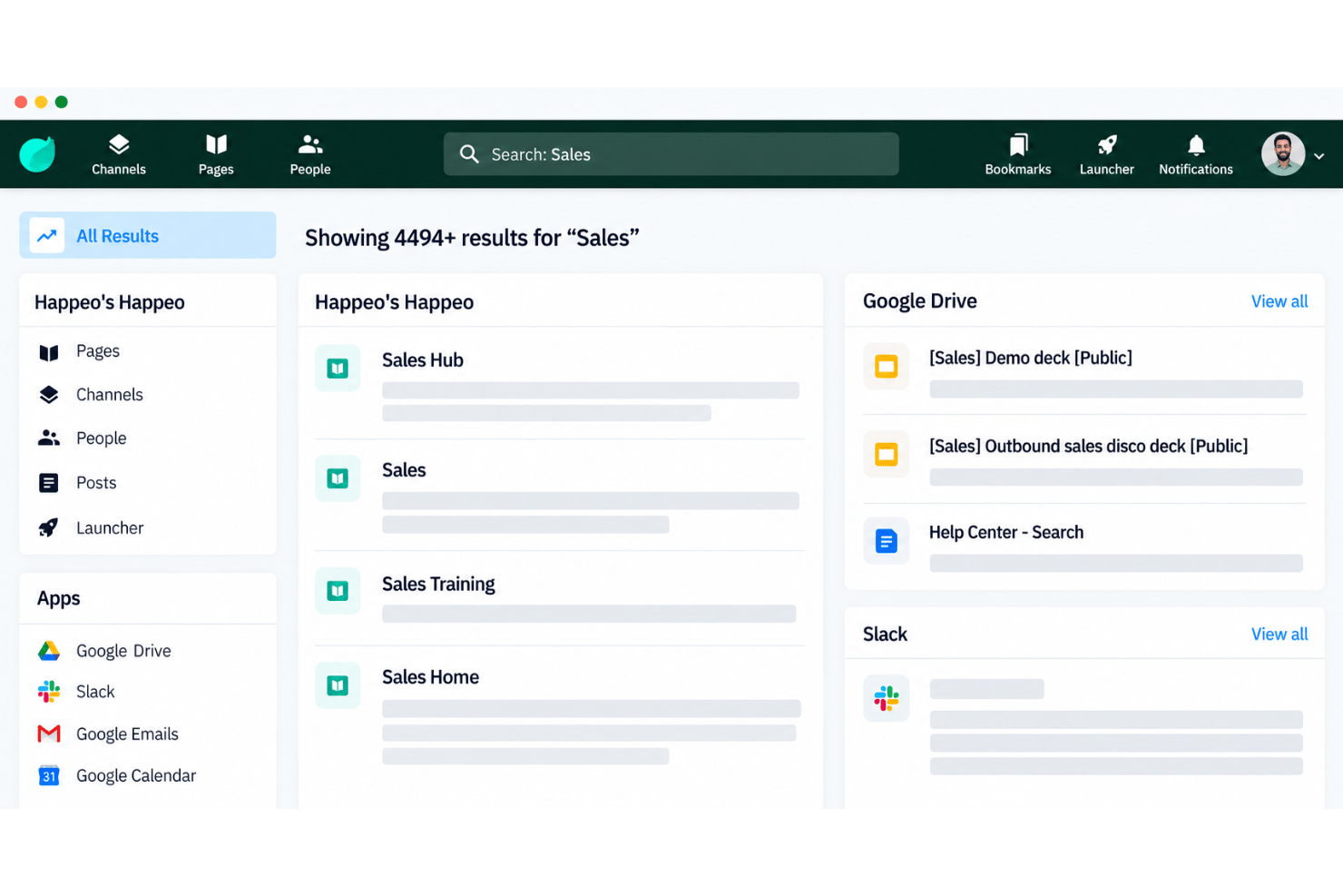 Happeo internal search across pages, posts, people, and documents.