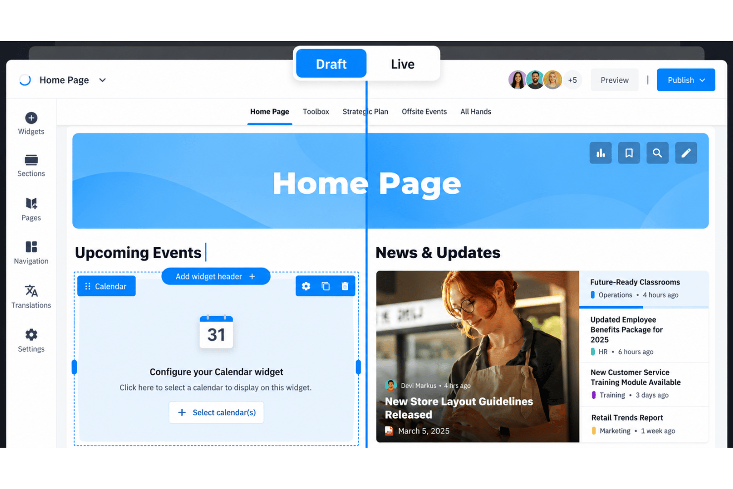 Happeo knowledge pages with policies, procedures, and team information.