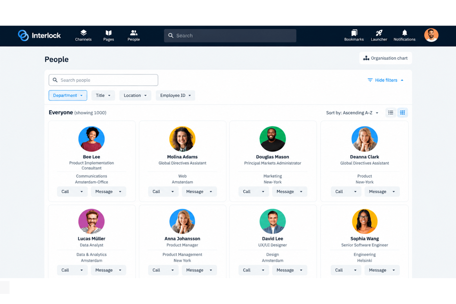 Happeo people directory with employee profiles and organization chart.