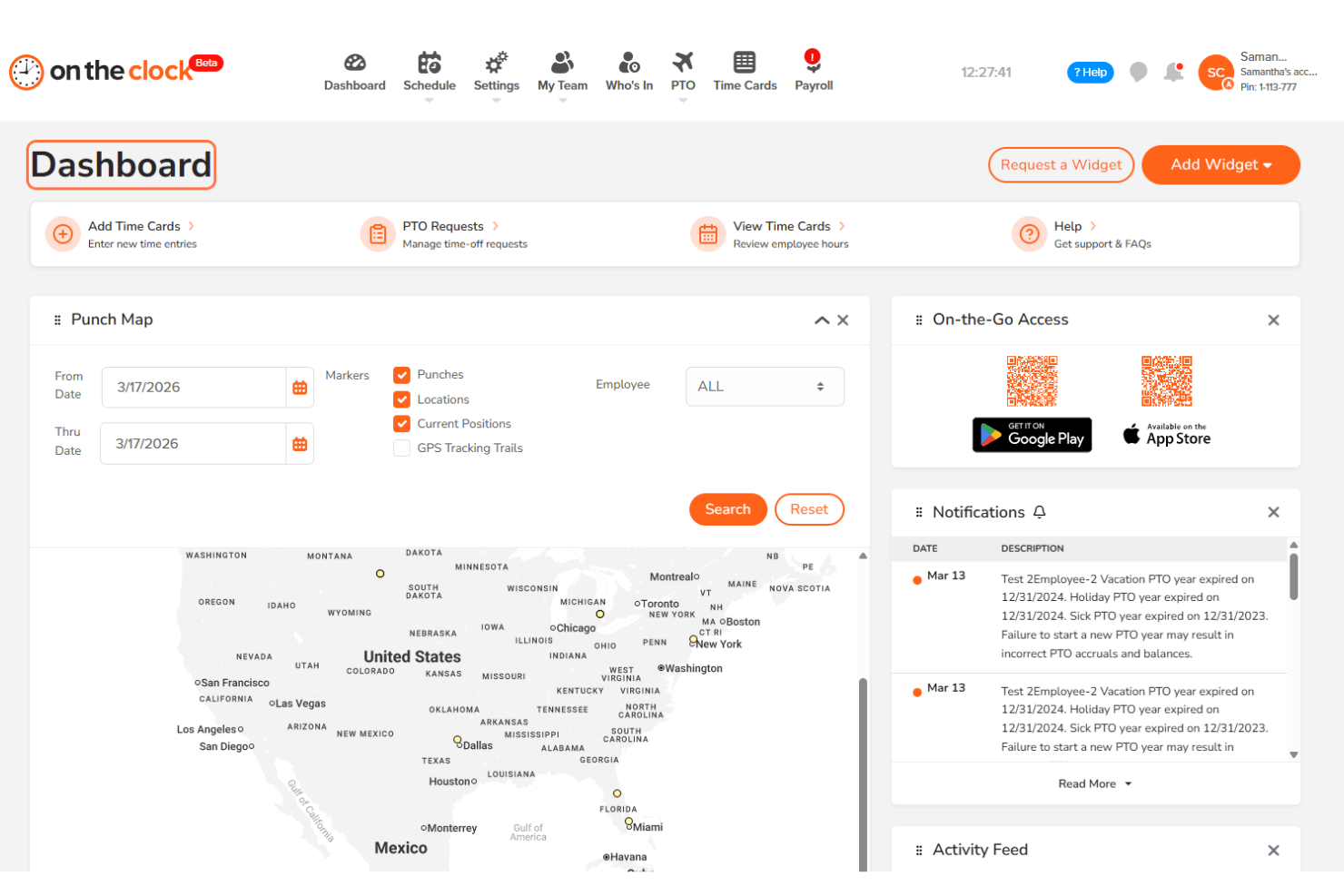 OnTheClock offers Punch Map, PTO requests, time card management, notifications, and mobile app access via QR codes.