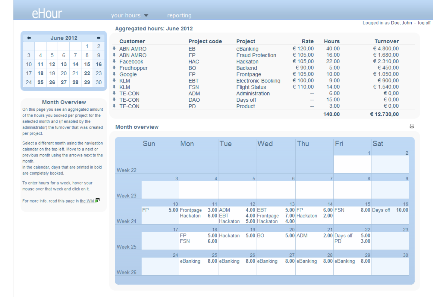 eHour screenshot - 10 beste Open-Source-Mitarbeiterüberwachungsprogramme 2026