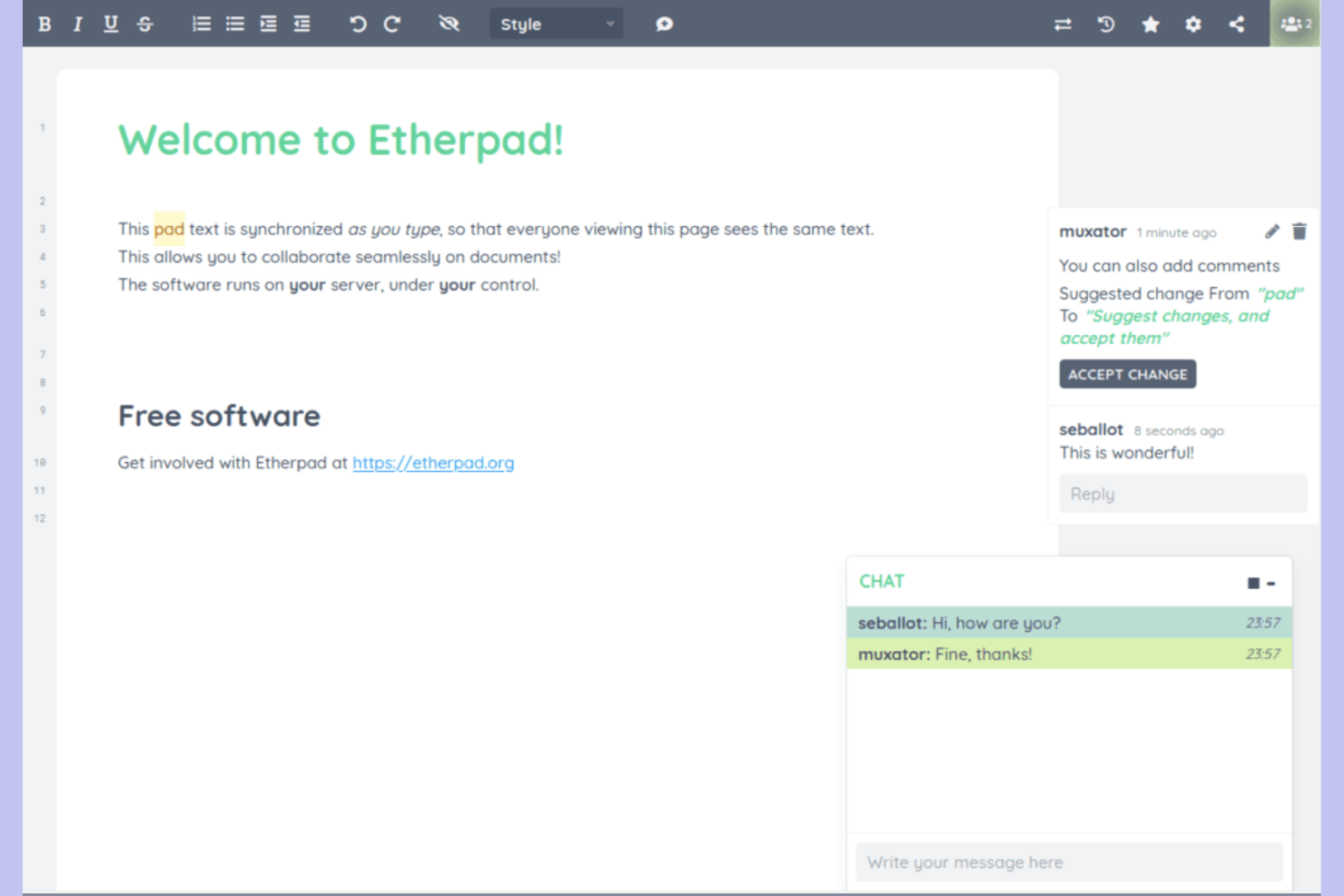 Etherpad screenshot - Die 14 besten Google Docs Alternativen im Test 2026