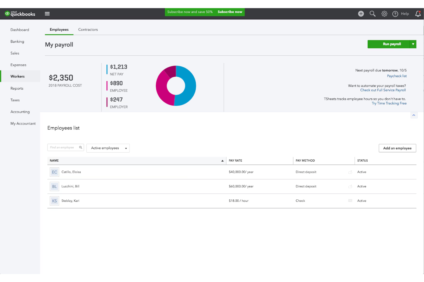 Intuit Quickbooks screenshot - 14 Beste Günstige Lohnabrechnungssoftware im Test 2026
