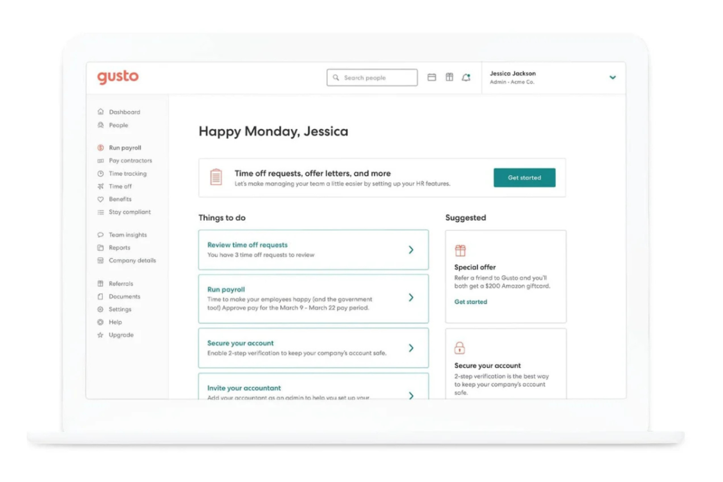 Gusto screenshot - 13 Meilleurs Logiciels de Libre-Service Salarié Évalués en 2026