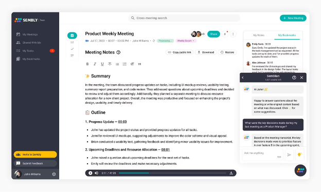 Sembly screenshot - 13 Beste KI-Meeting-Assistenten-Tools im Test 2026