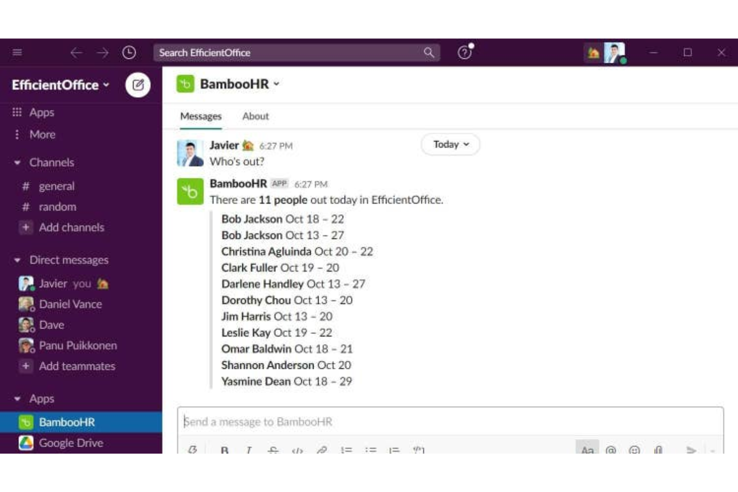 Slack screenshot - Top 13 Intégrations BambooHR pour la Réussite RH (2026)