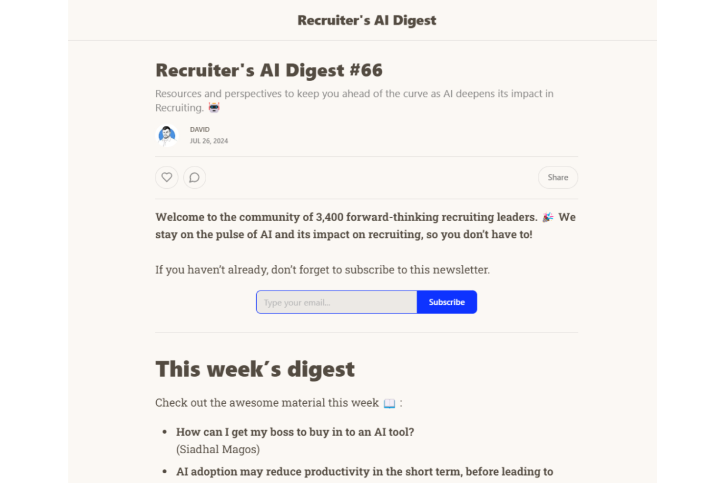 Recruiter's AI Digest screenshot - 16 beste Recruiting-Newsletter, die Sie 2026 lesen sollten