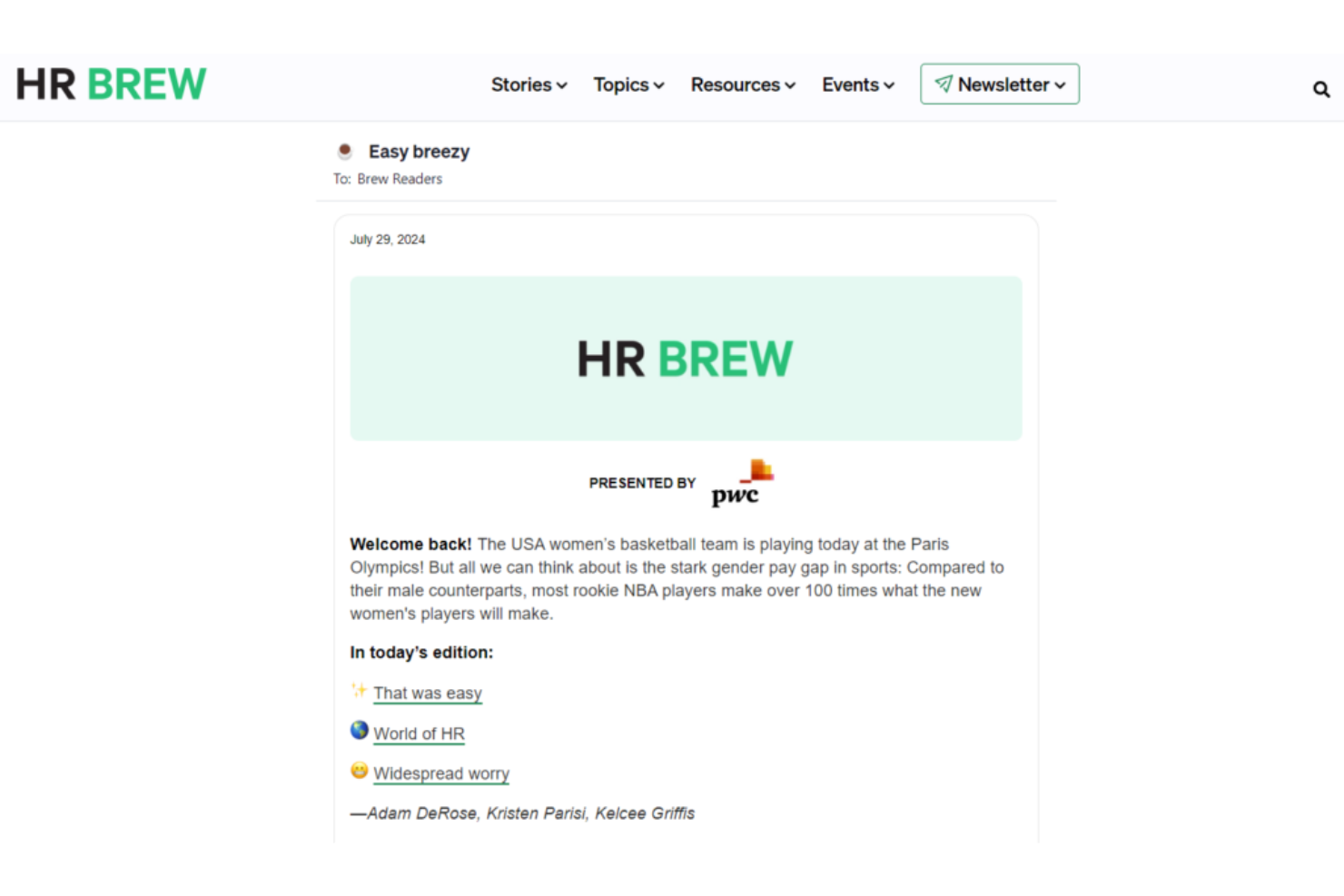 HR Brew Newsletter screenshot - 16 meilleures newsletters de recrutement à lire en 2026