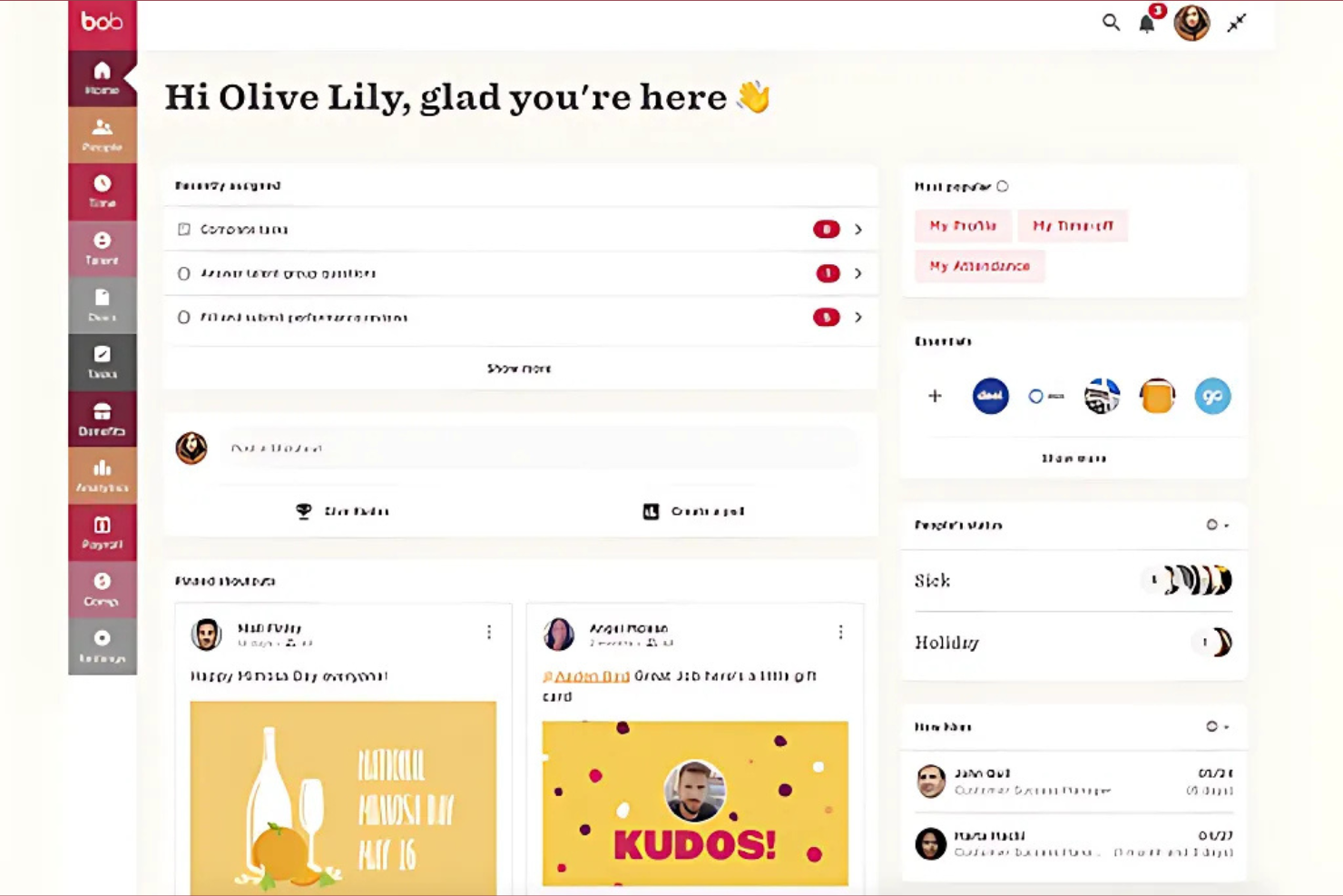 HiBob screenshot - 10 meilleures alternatives à Factorial évaluées en 2026