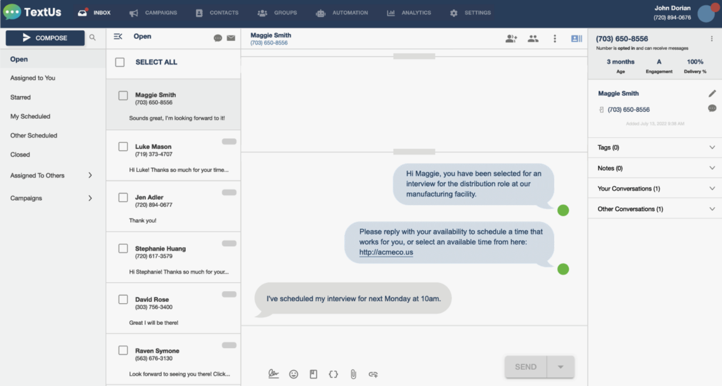 TextUs screenshot - 13 beste Candidate Relationship Management Software von 2026: Getestet